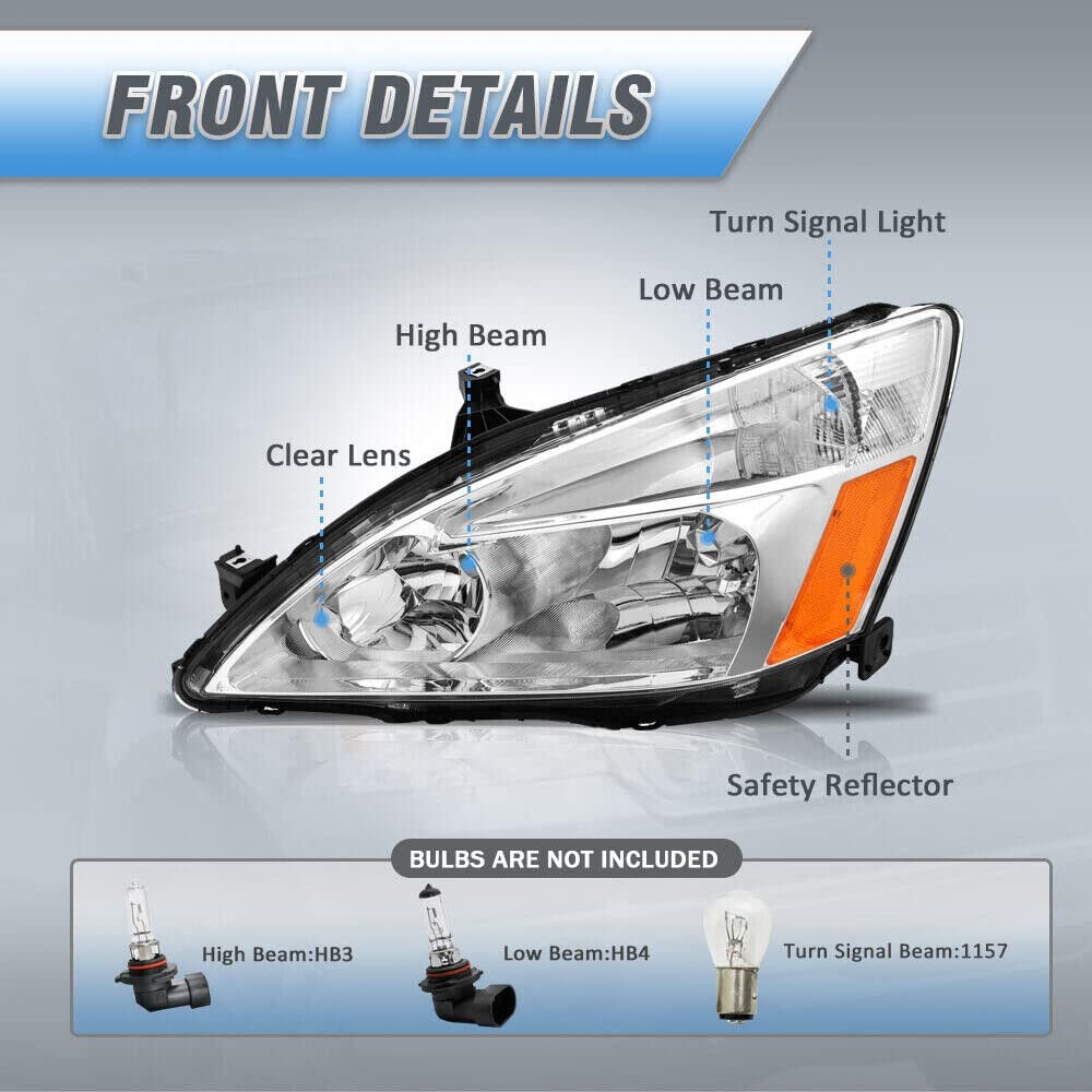 Accord 2003 - 2007 车头灯铬合金外壳琥珀色反射器透明镜头 LH 右握