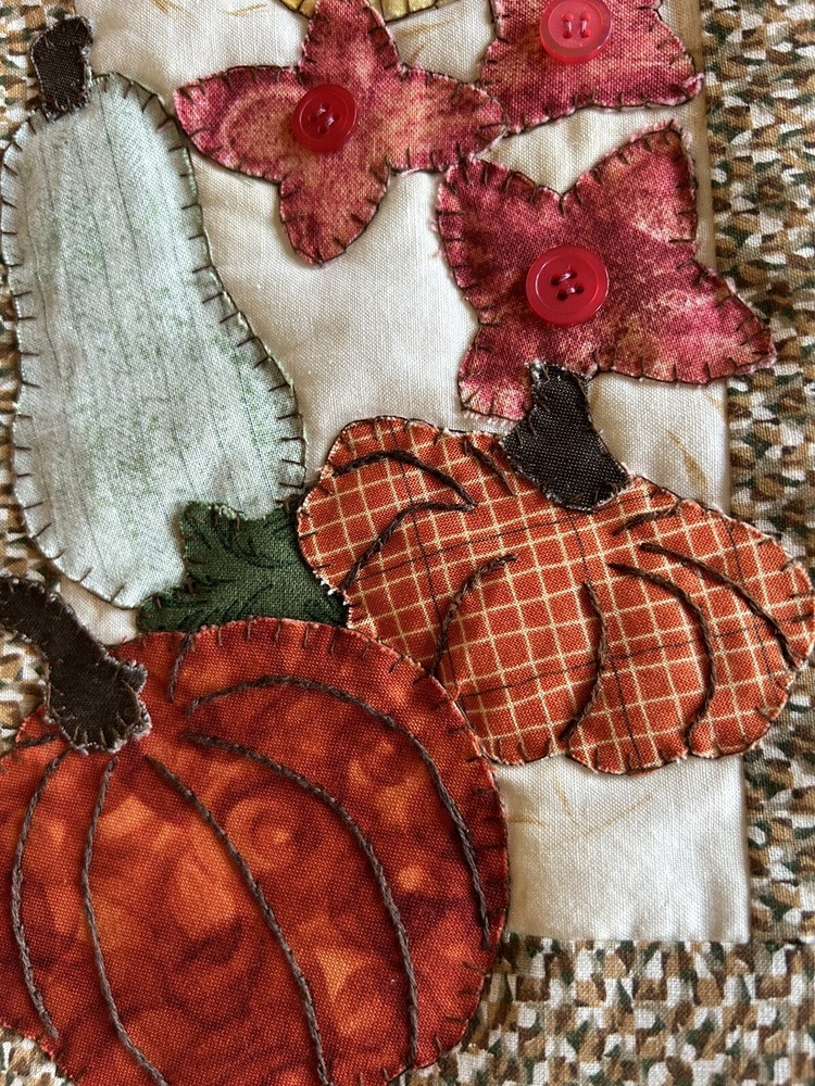 Hand Stitched Details On Fabric Fall Wall Hanging Cornucopia With Squash