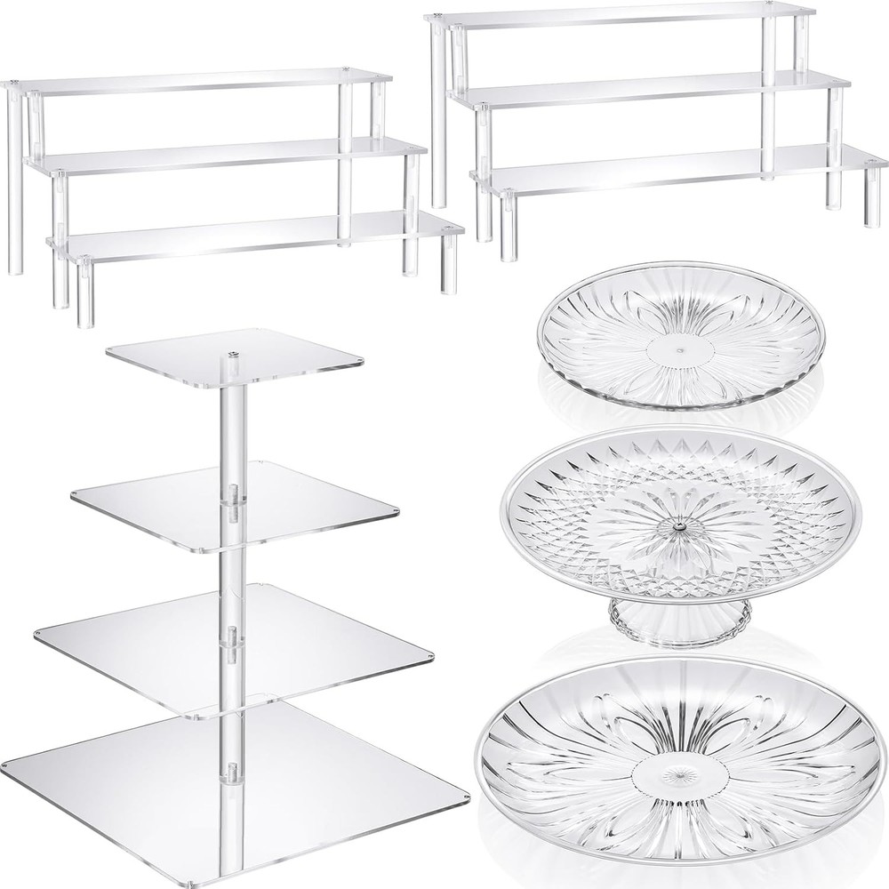 6 Pcs Acrylic Cake Stands Set Include 2 Display Risers 1 Pcs 4 Tier Cupcake