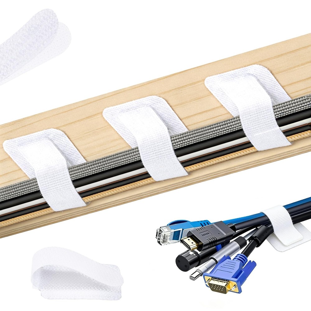 100Pack Hook & Loop Cable Ties SelfAdhesive Cord Straps Organizer White