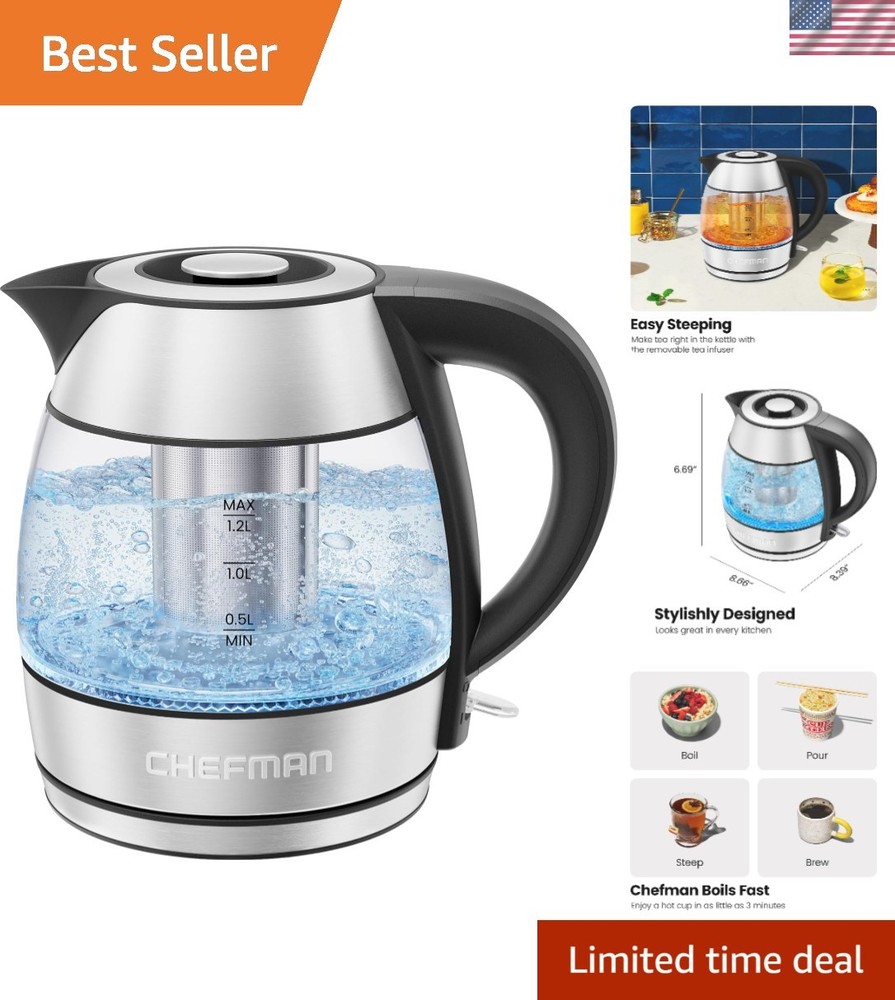 Cordless Glass Electric Kettle - Stainless Steel Infuser with Auto Shut-Off