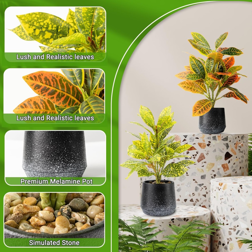 2 Pack Realistic Artificial Potted Plants Codiaeum Variegatum, 11.8" Small Fa...