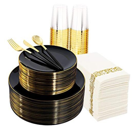350pcs Black Plastic Dinnerware 350pcs Black and Gold Plastic Dinnerware Set