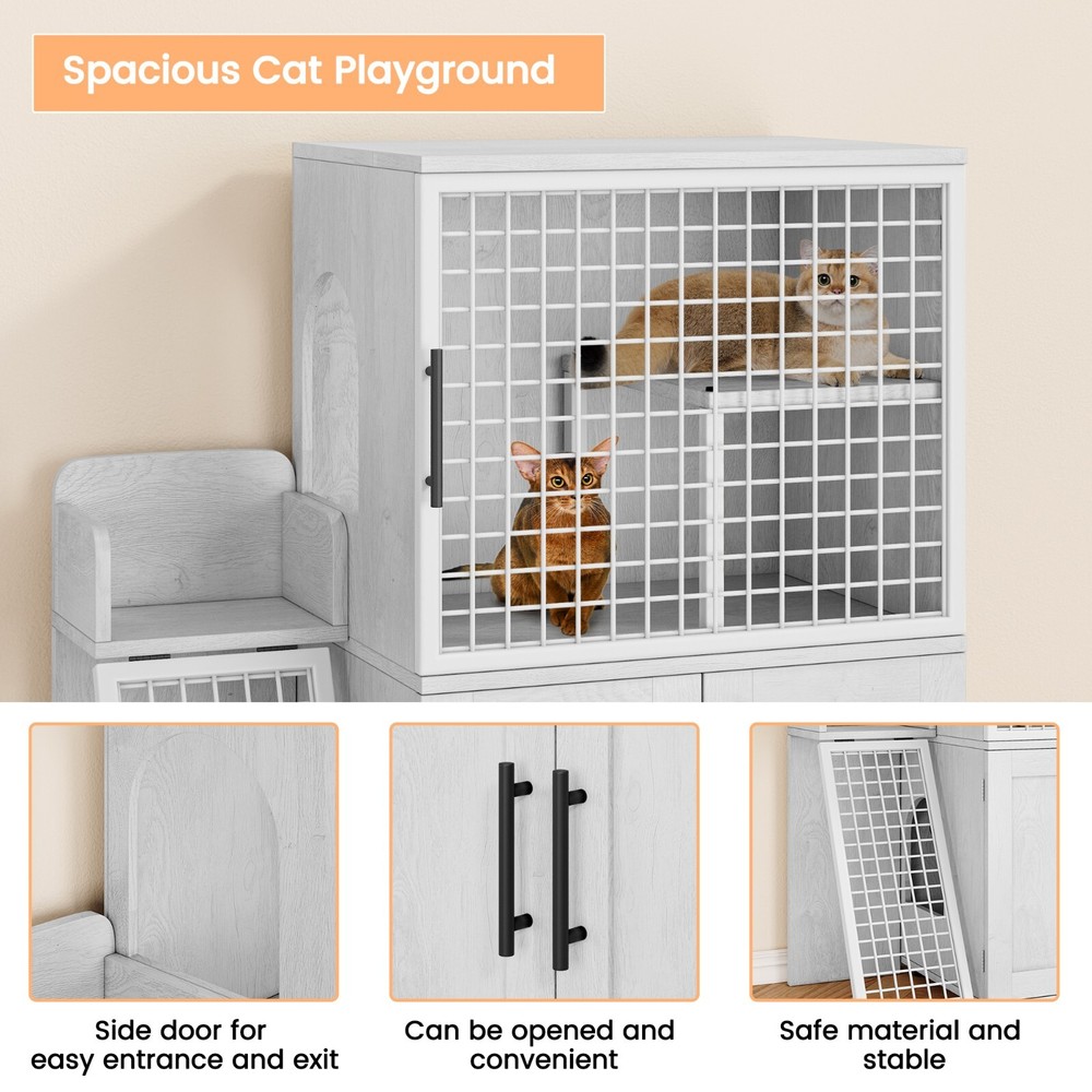 Double Layer Cat Litter Box Enclosure w/Platform & Ladder Indoor White