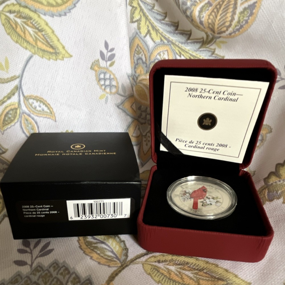Royal Canadian Mint 2008 25C Coloured Northern Cardinal w/ Box & Certificate