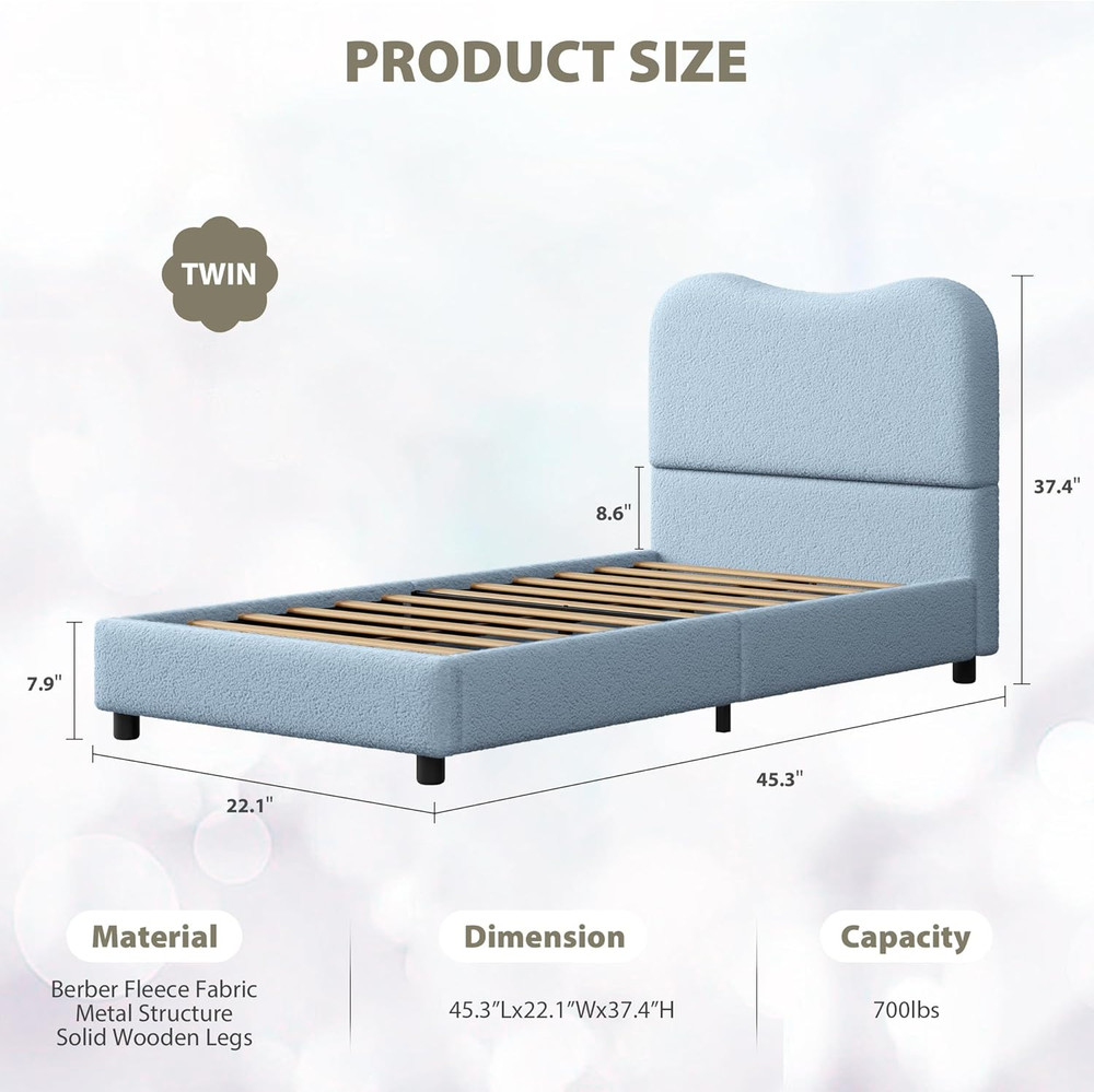 Twin Bed Frame for Kids w/ Upholstered Headboard, Low Profile Sturdy Platform Be