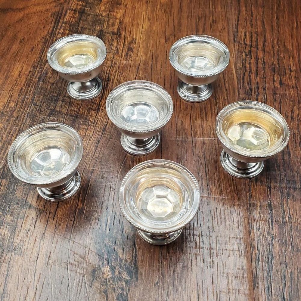 6 Tiny German 800 Silver Personal Salts Bead Edge Salt Cellar 1 3/8"