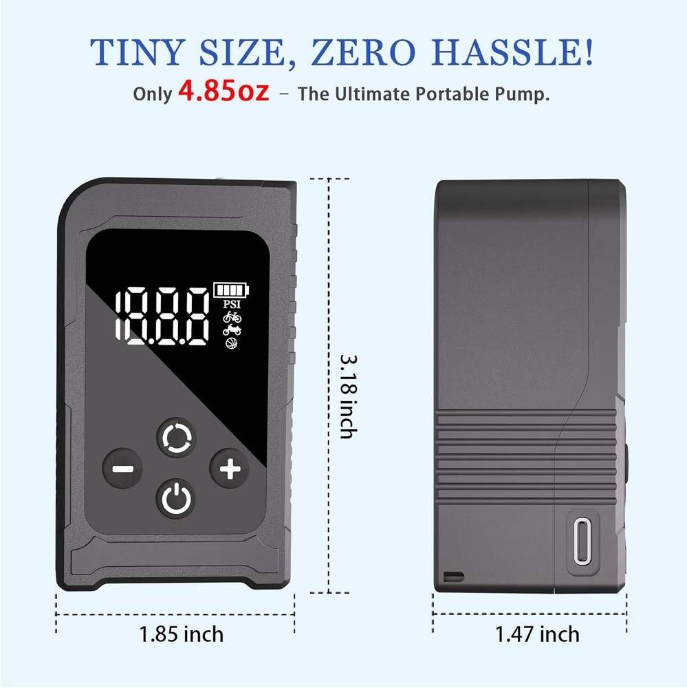 Tiny Bicycle Pump with Gauge, Max 150 PSI Electric Mini Pump, Auto Stop, with Pr