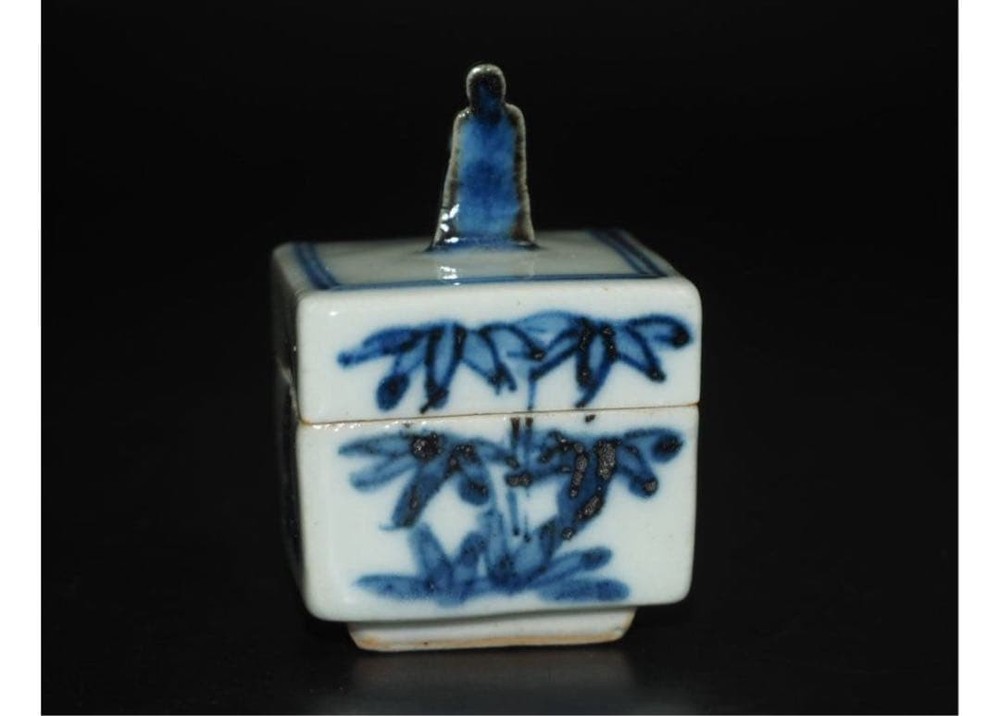Kutani Ware Suda Seika Incense Container With Signed Box Japan blue white