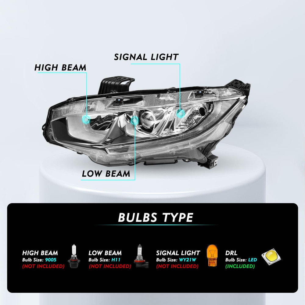 Headlight Assembly Replacement for 2016-2021 Honda Civic W/Led DRL Projector Hea
