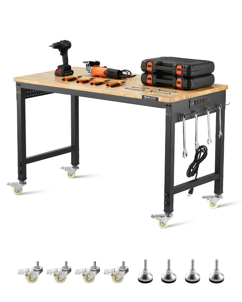 Adjustable Workbench, 48-Inch Work Bench with Power Outlet, Wheels, and Pegboard