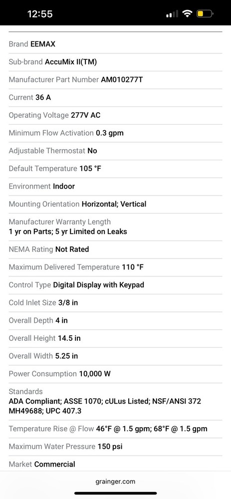 EEMAX AM010277T Electric Tankless Water Heater,277V 481R36