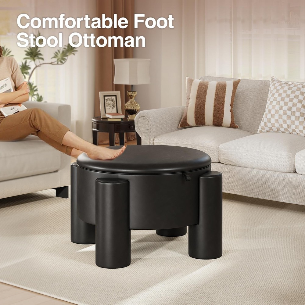 24in Storage Stool Coffee Table with Storage Function, Artificial Leather