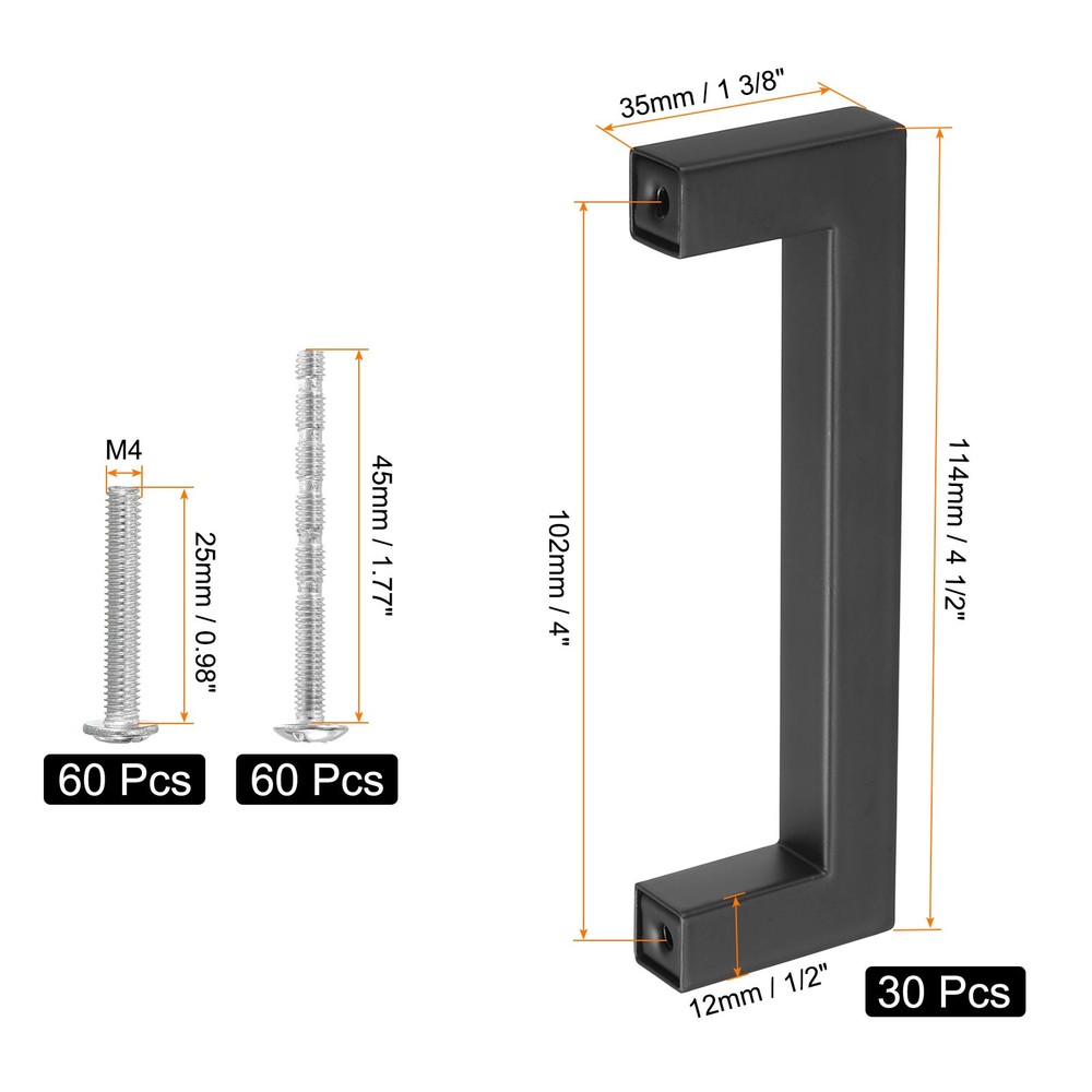 30 Pack Square Bar Drawer Handles, 4" Hole Center Kitchen Cabinets Pull, Black