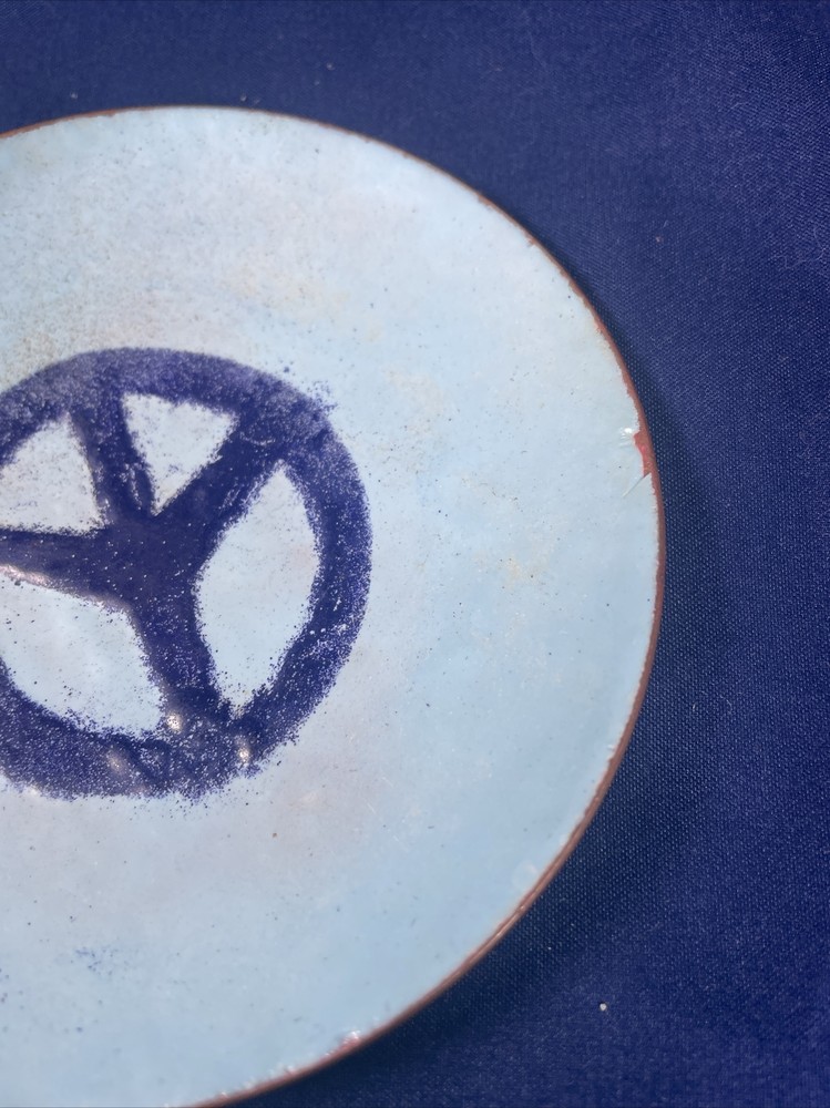 Blue Enamel Over Copper Peace Sign Dish Signed