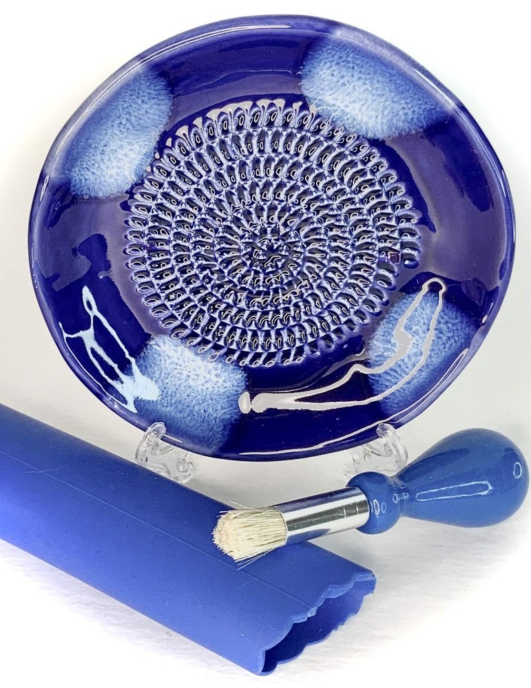 , All-in-one Premium Ceramic Garlic Grater Plate 4-Piece Set - Blue Cross Gla...