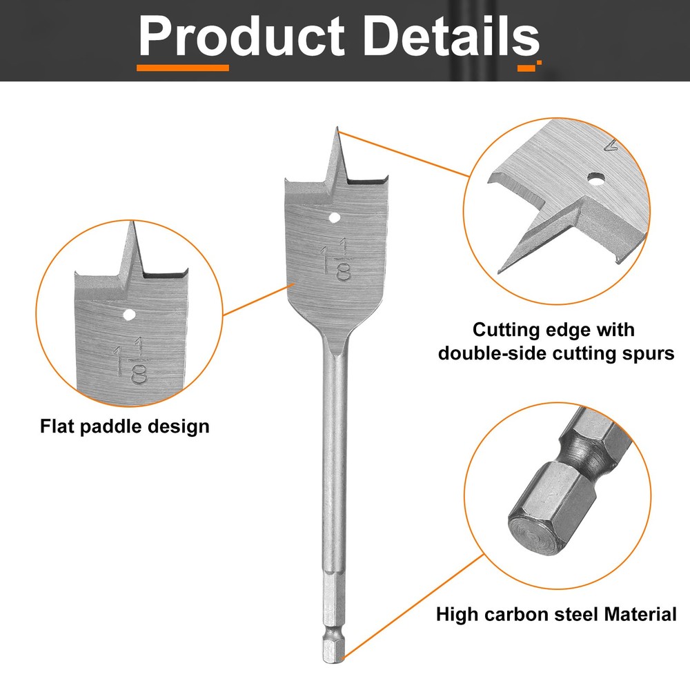 Spade Drill Bit 1-1/8" Paddle Flat Bits Wood Hole Cutter Silver Tone