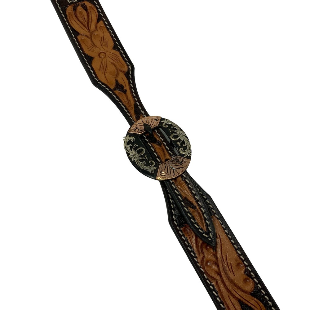 Dogwood Tooled Split Ear Two Tone Chocolate and Medium Leather Headstall
