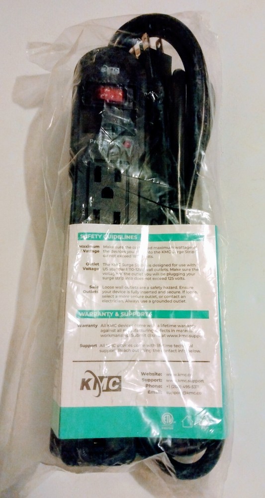 KMC 6-Outlet Surge Protector Power Strip, Overload Protection, 2-Pack, Black