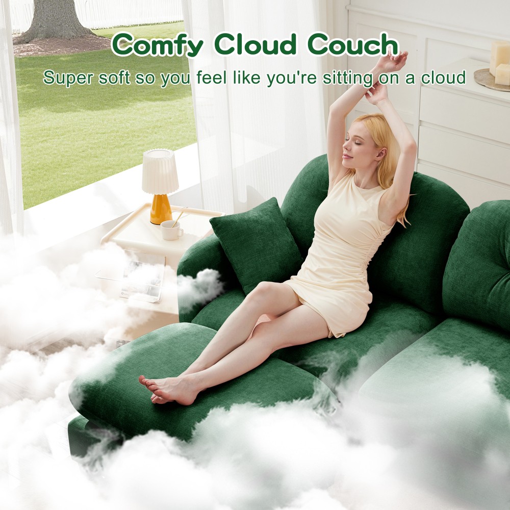 U-Shaped Modular Sectional Sofa w/ Ottoman & Pillows, Chenille Fabric, Green