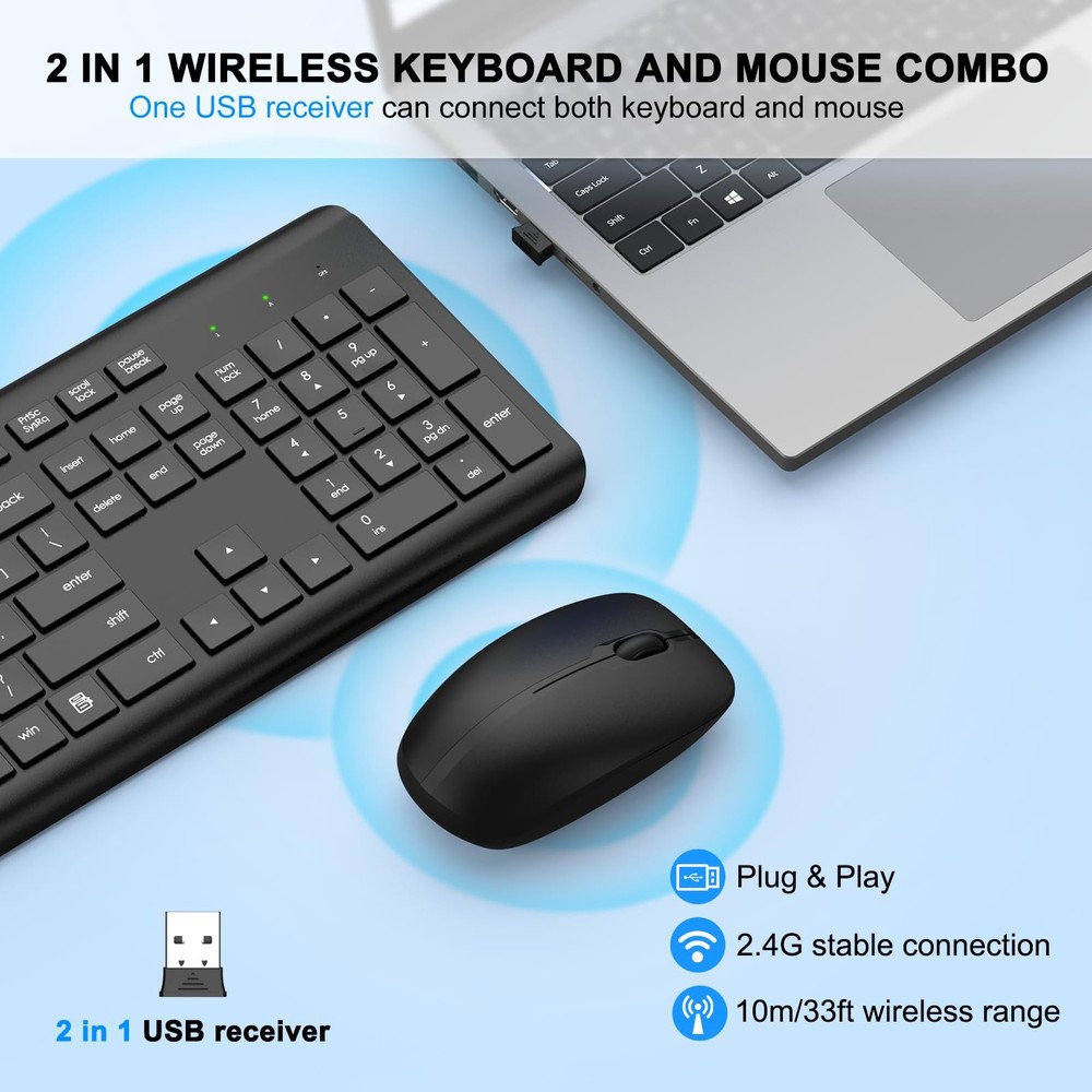 Wireless Keyboard Mouse Combo Full Size Silent Ergonomic Optical 2.4G PC Mac