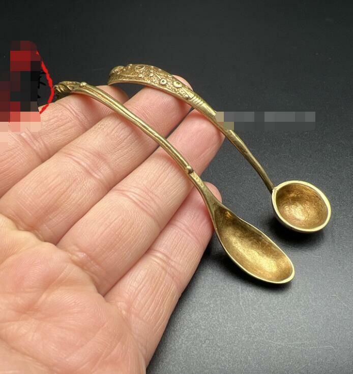 2Pc Tea Set Brass Long Handle Spoon Teaspoon Tea Copper Medicine Spoon Tea Set