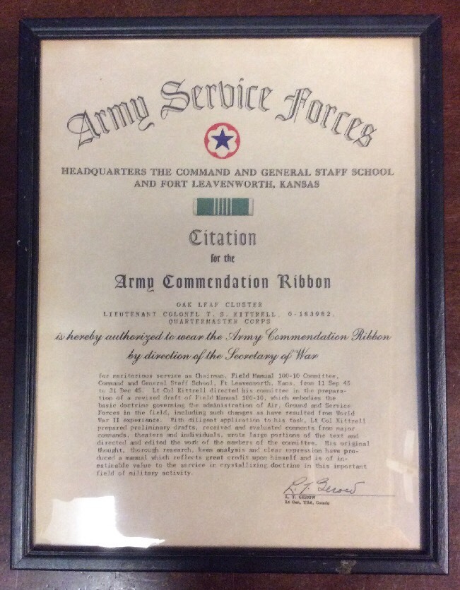 1945 US Army Citation Oak Leaf Cluster Commendation Ribbon Historical Document