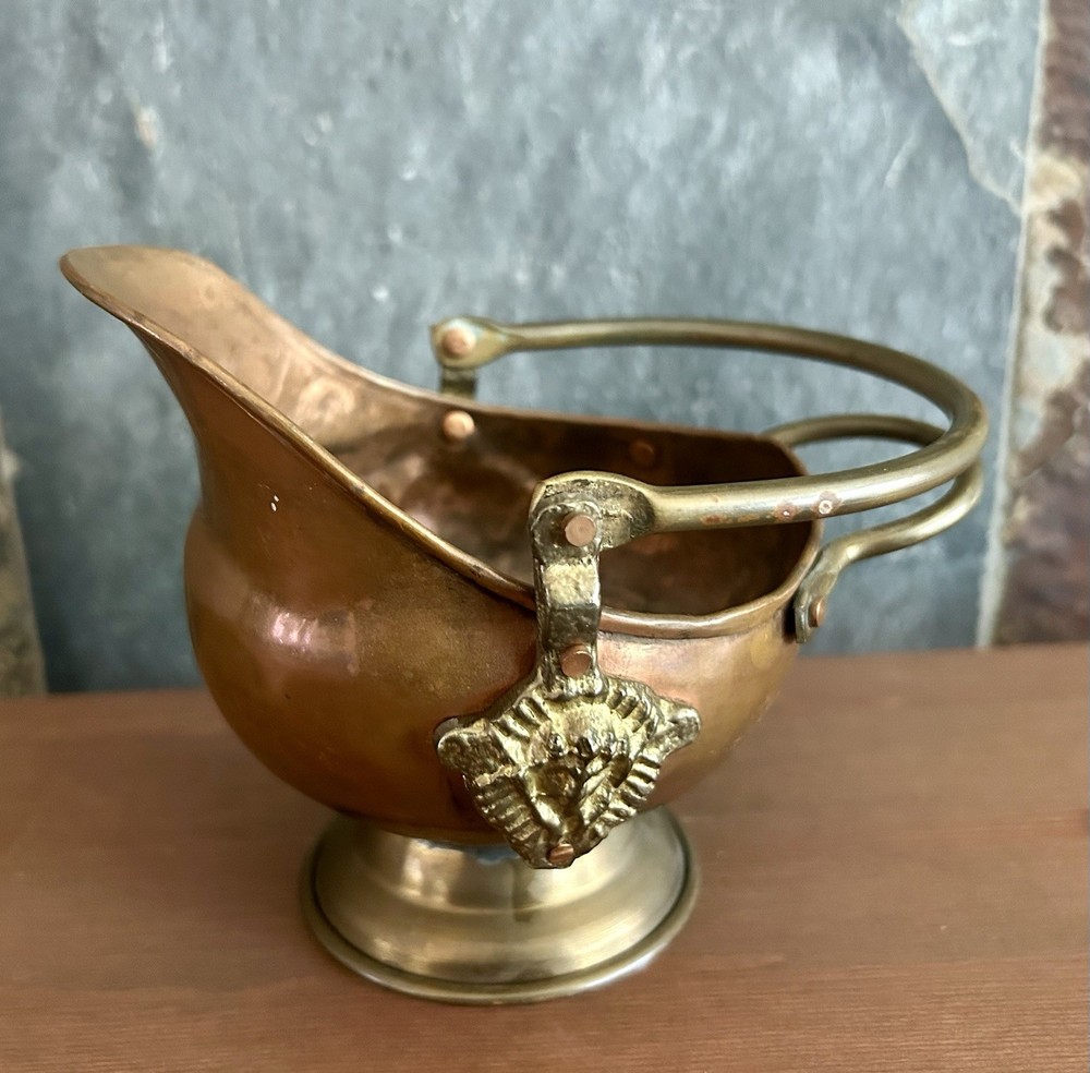 Copper & Brass Mini Coal Ash Scuttle 5" Match Holder Swing Handle Vintage