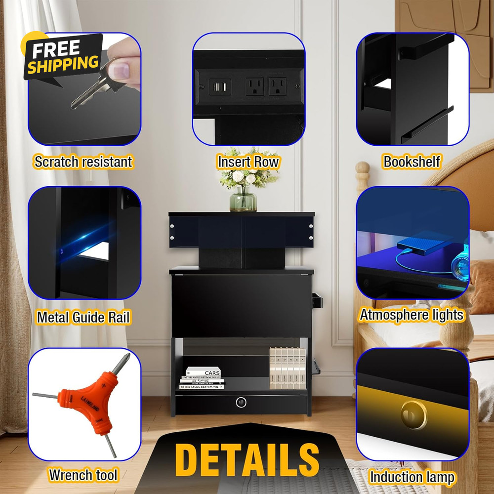 Nightstand with Induction Light & Side Charging Station, Modern Bedside Table