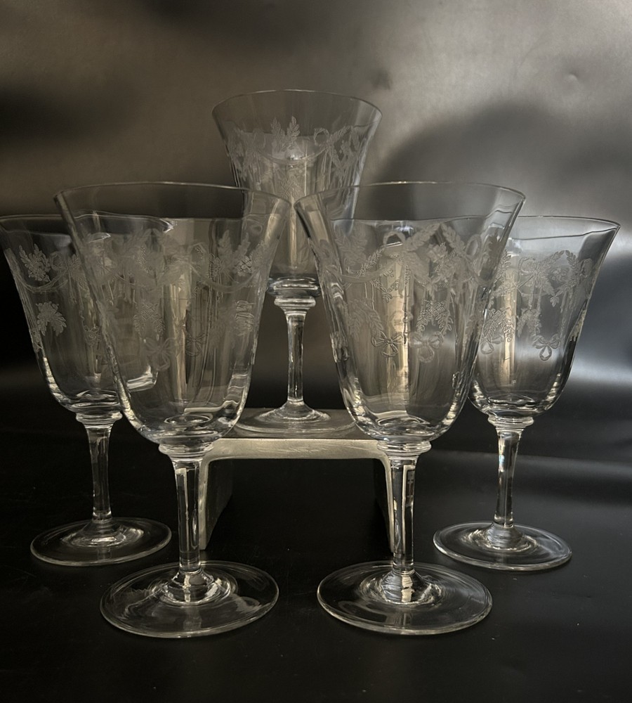 5 Antique Etched Wine Goblets