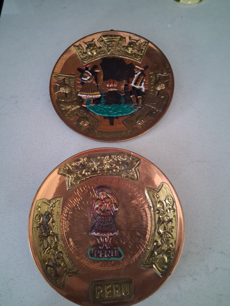2 Vintage Peruvian Peru Copper Metal Wall Hanging Plates
