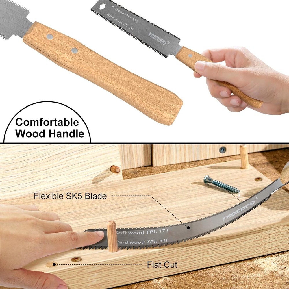 Hand Saw Woodworking Tools, Pull Saw, Flexible Double-Edge Blade 17/11 TPI