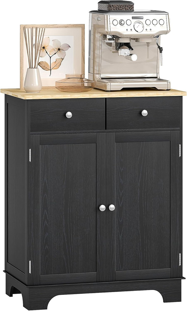 Modern Distressed Black Sideboard Buffet Cabinet with Solid Wood Top & Storage