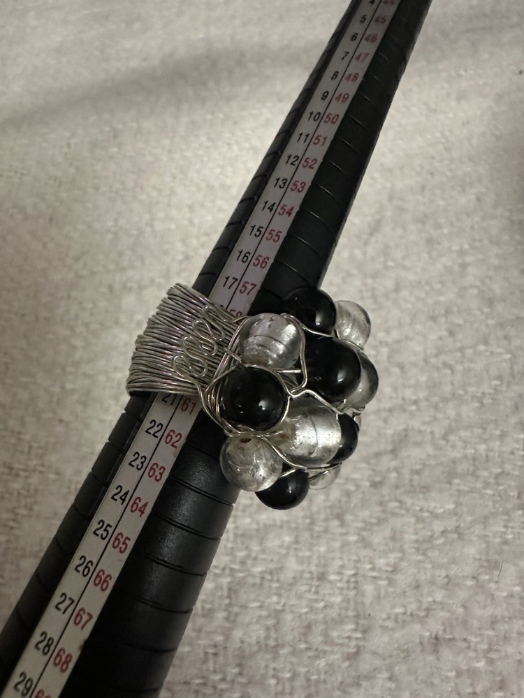 Black Bead & Silver Foil Clear Bead Wire Wrapped Statement Ring Size 9