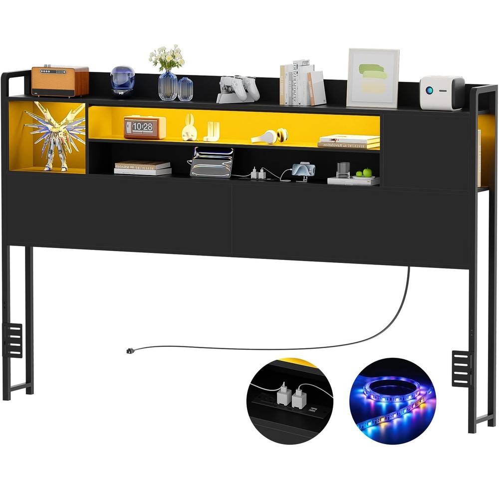 Headboard for King Size Bed, Bookcase Style Head Board with Power Outlet and ...