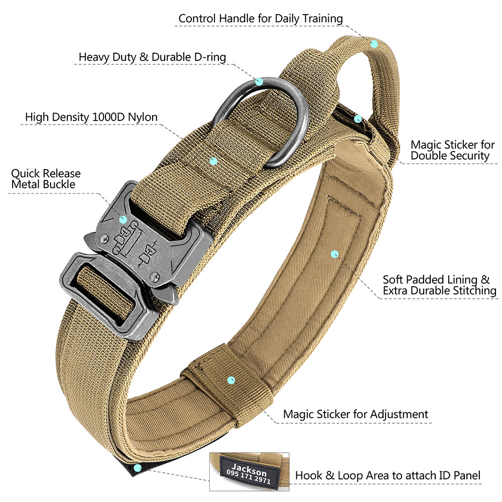 Personalized Tactical Dog Collar with Handle Military Training Custom Name Print