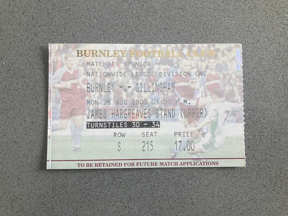 Burnley v Gillingham 2000-01 Match Ticket
