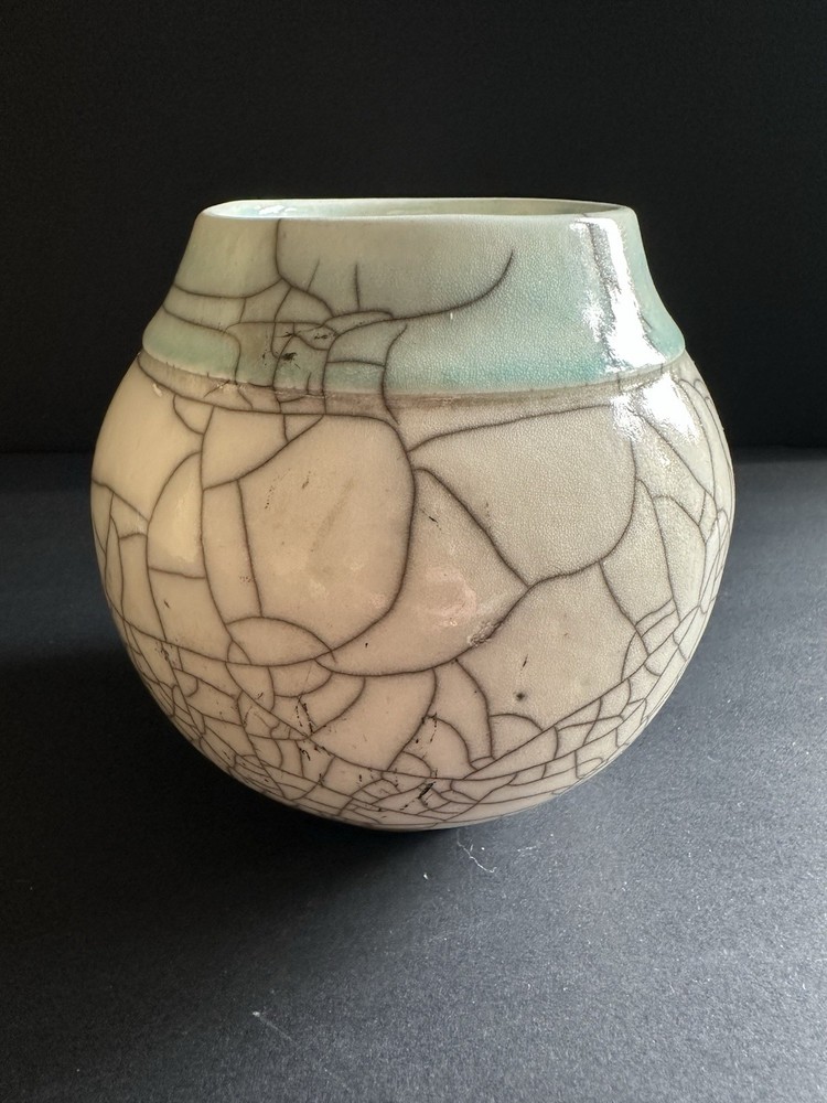 Raku Studio Pottery Vase Crackle Aqua Signed 5″×4.5”
