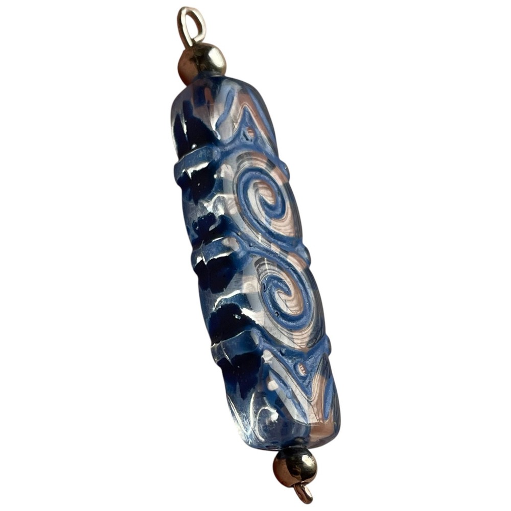 Boho Blue Swirl Pattern Ornamental Scrollwork Eclectic Beaded Pendant Charm