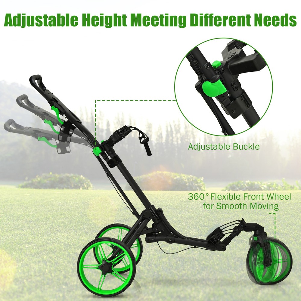 3 Wheels Foldable Golf Push Pull Cart Trolley w/ Adjustable Handle Brake Green
