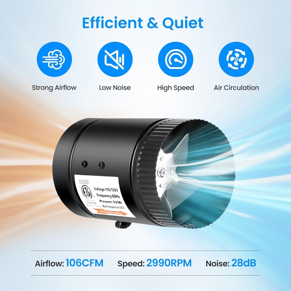 4" Updated Inline Booster Duct Fan HVAC Ventilation Fan 106CFM with Controller