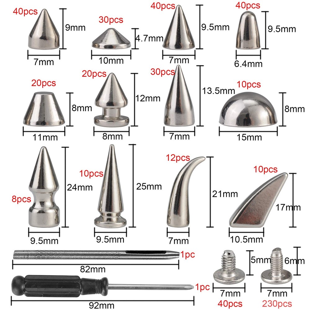 270 Sets Mixed Shape Spikes and Studs Silver Color Screw Back Bullet Cone Stu...