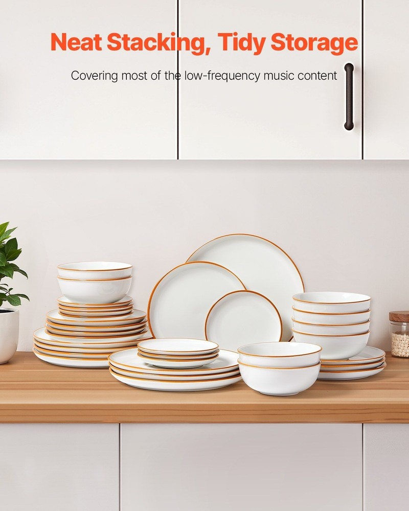 32-Pc Ceramic Place Setting Set for 8, White, 6.4–10.6in