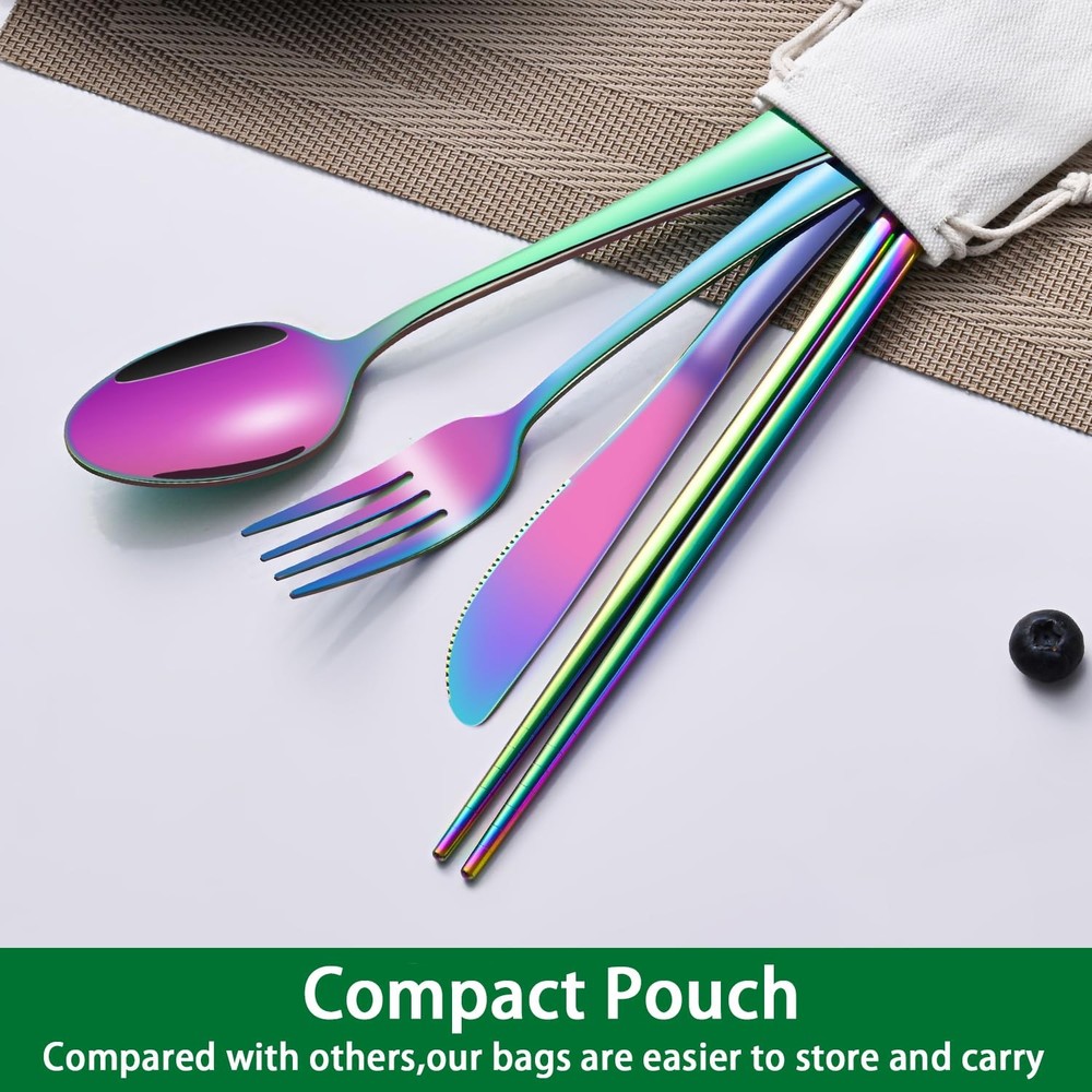 Rainbow Working Lunch Silverware Set Reusable Travel Utensils Case Chopsticks