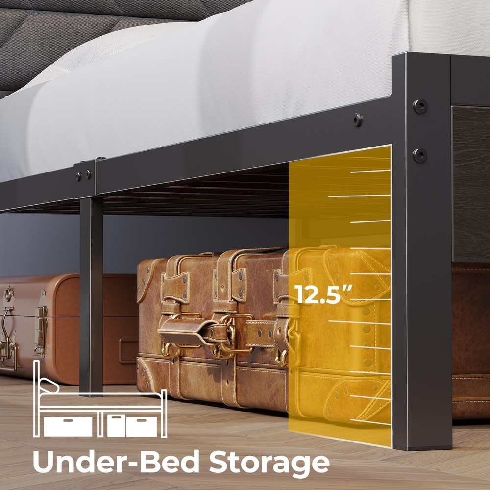 Seventable Bed Frame Twin Size with Charging Station, LED Bed with Upholstere...