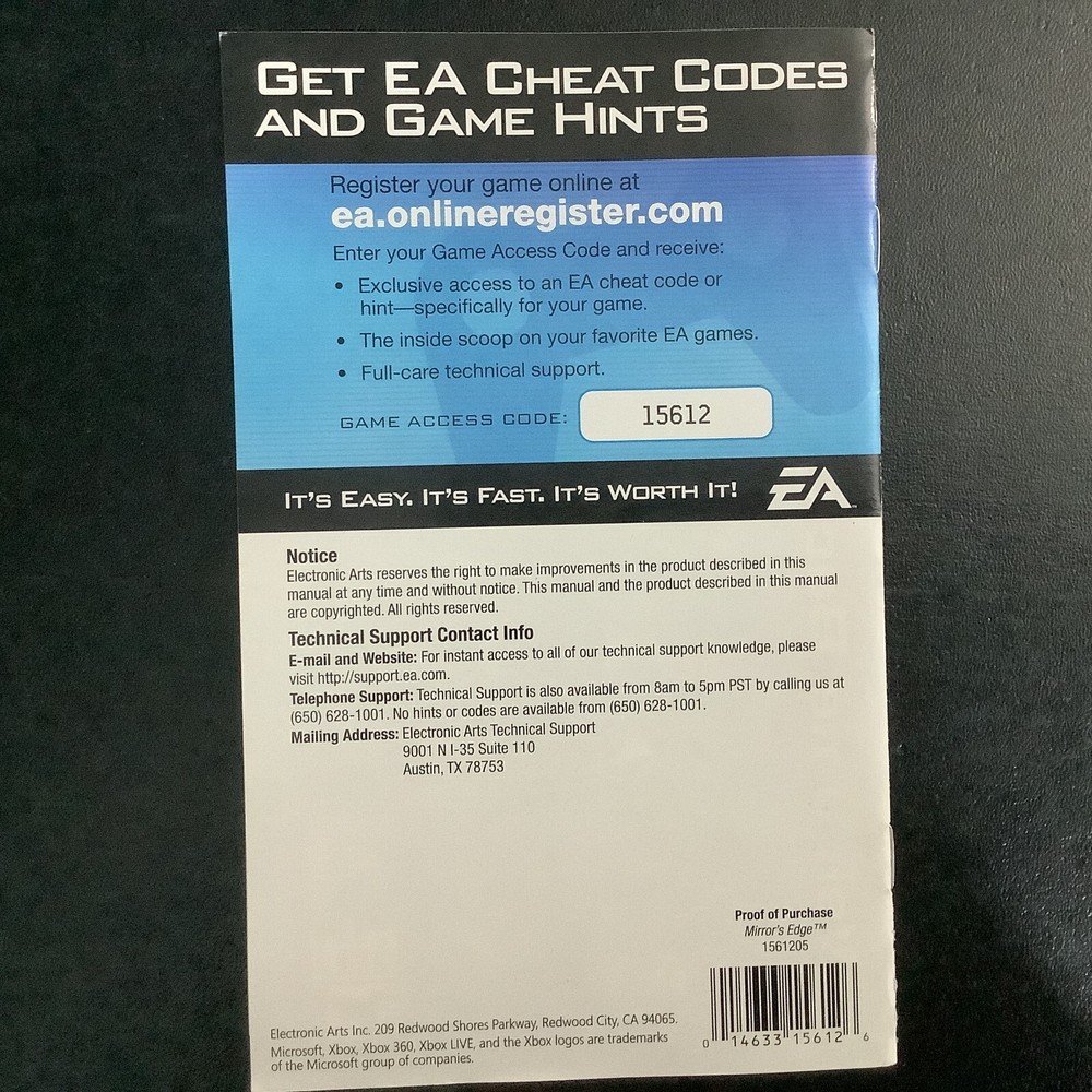 Mirror's Edge Microsoft Xbox 360 Instruction Manual Only