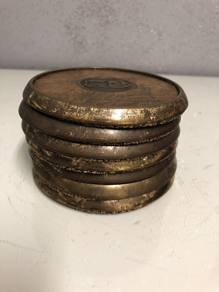 Vintage BTS Solid Brass and Leather 7 pc Coaster Set Eagle Knights logo Mancave