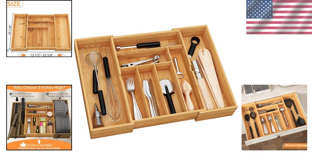 Elegant Bamboo Silverware Organizer - 3" Deep, 8-Cmp Multi-Functional Design