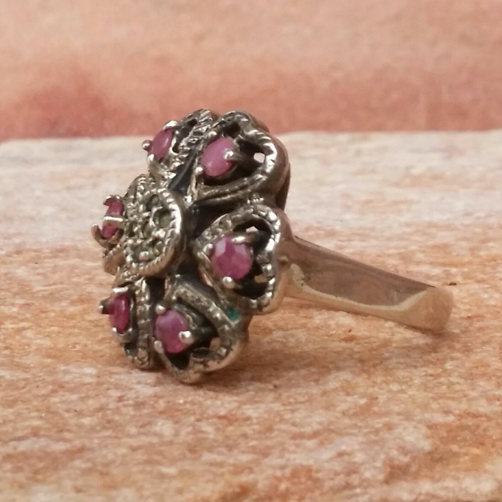 925 SILVER RING women's SOLITAIRE SEAL ruby pink flower