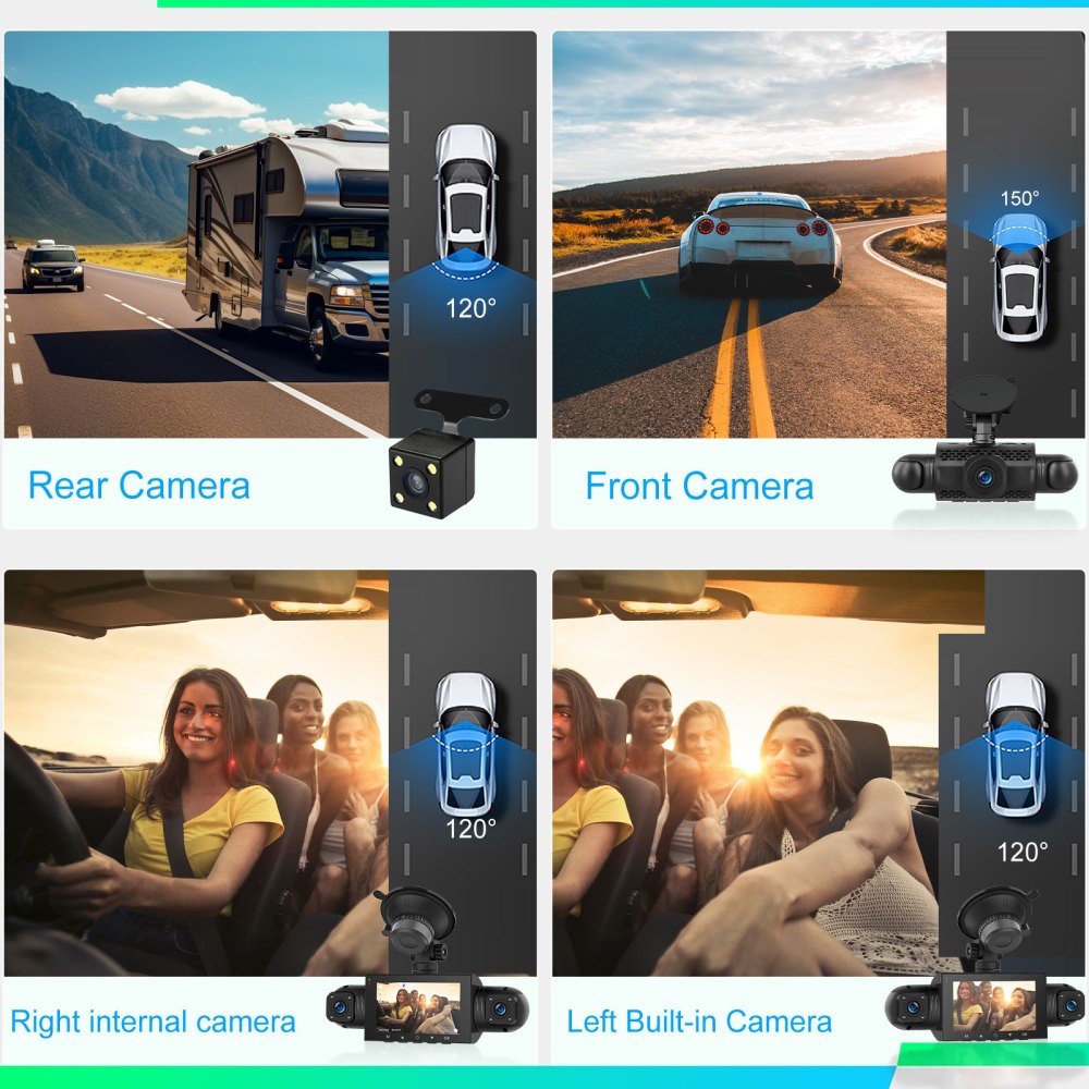 360 Degree View 4 Channel Dash Cam Front and Rear Inside Left Right, Dash Camera